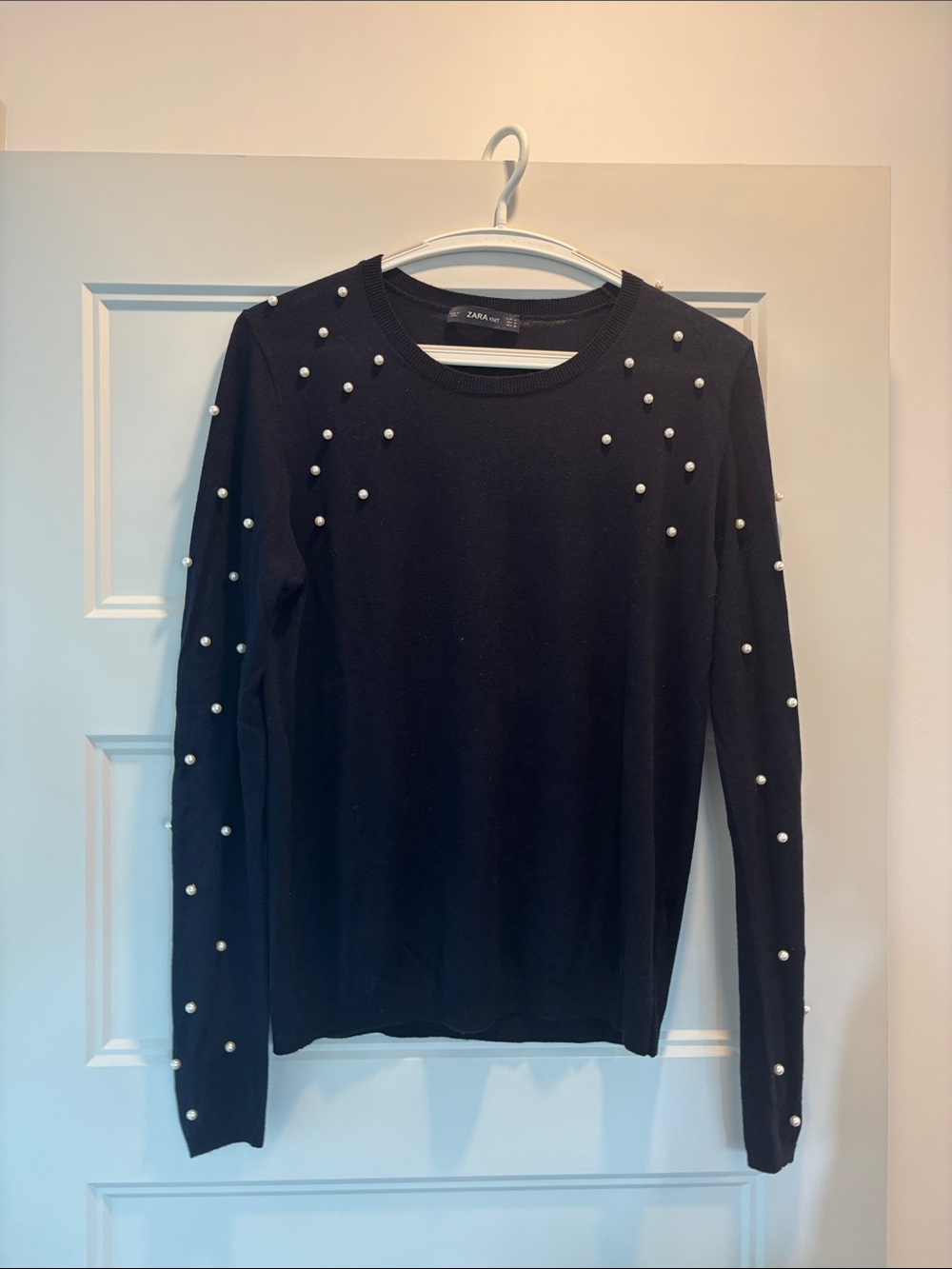 Zara Black Crewneck Sweater with Pearl Accents